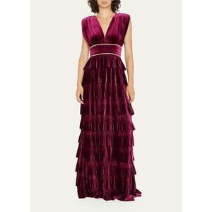 NWT Bronx & Banco Burgundy Velvet Tiered Maxi Gown XL US10 Gold Trim Pleated
